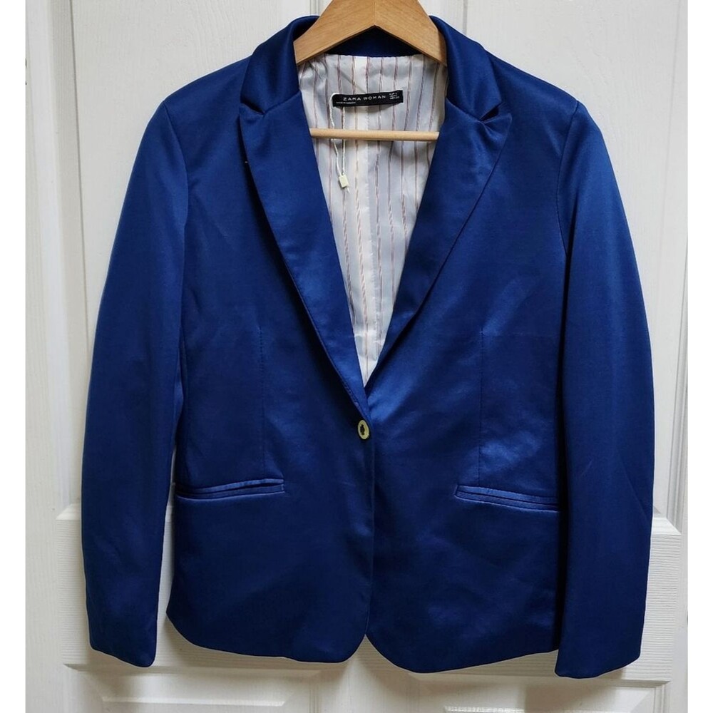 Zara Womens Royal Blue Satin Button Long Slv Blazer Sz L Pockets Lined Preppy